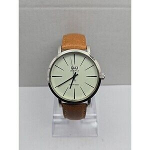 Q & Q Quartz Mens 42mm Watch Brown Strap New Battery 30m Water Resistant Classic